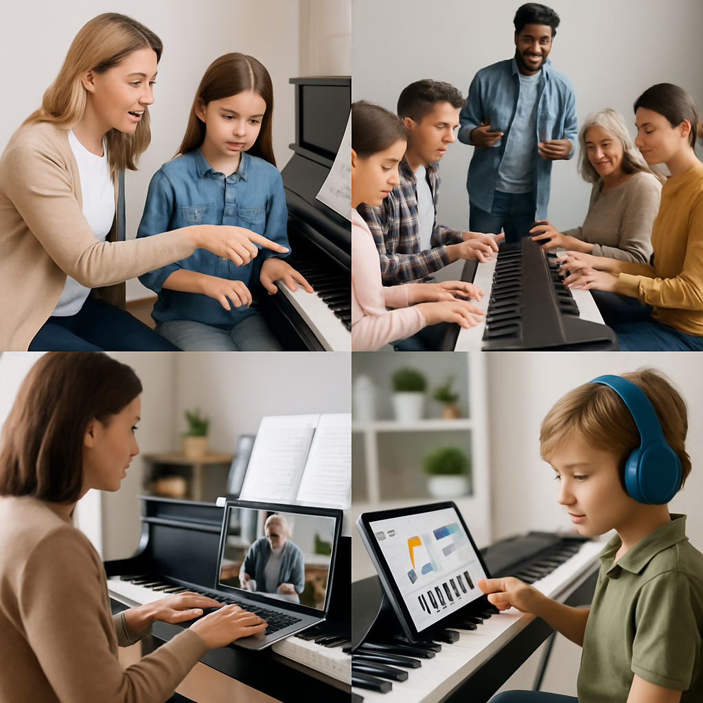 A collage showing various types of piano lessons including private tutoring sessions, group classes, online virtual lessons on laptops/tablets, and specialized programs