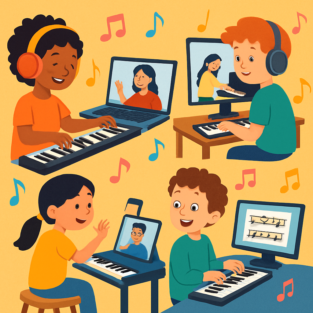 A vibrant illustration showing children of various ages engaging in different styles of online piano classes, with colorful musical notes floating around.