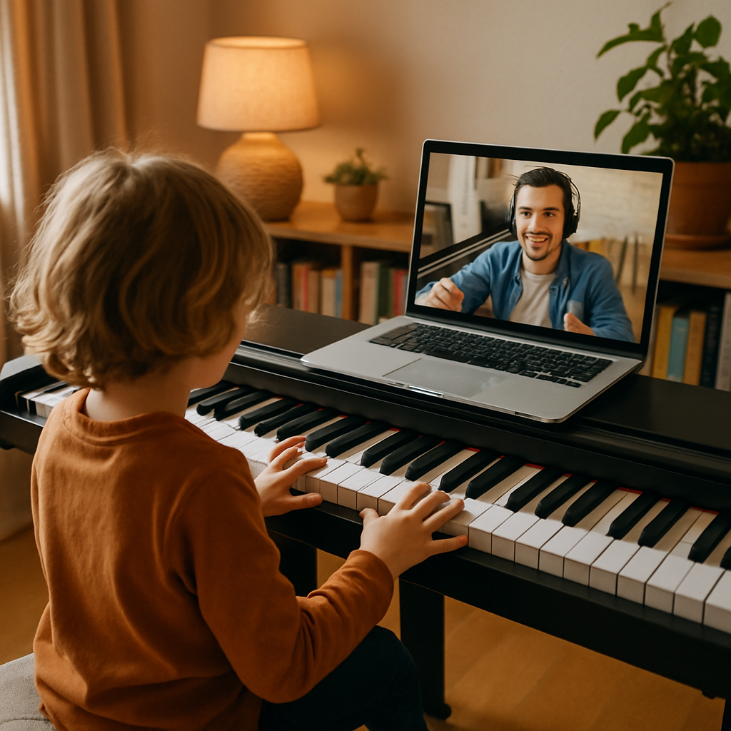 A cozy home setting with a child taking an online piano lesson on a laptop