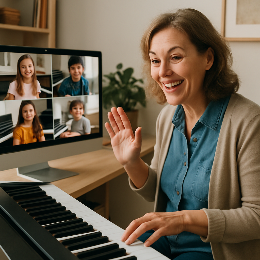 A cheerful music teacher conducting an online piano lesson with students on screen