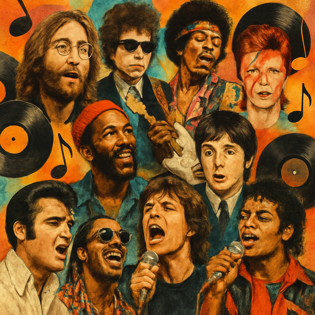 A vibrant collage showcasing iconic oldies music artists from the 60s, 70s, and 80s with musical notes and vinyl records