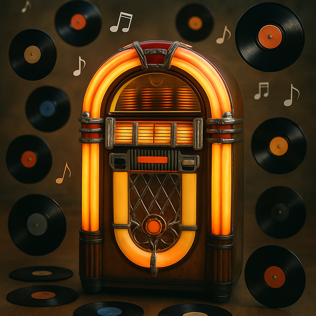 A vibrant jukebox surrounded by vinyl records and musical notes floating in the air