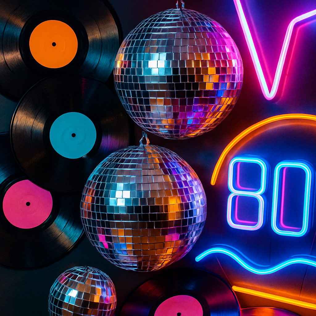 A vibrant collage representing different music eras: 60s with vinyl records, 70s disco balls, and 80s neon lights