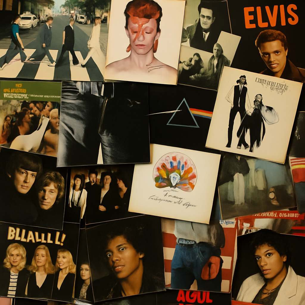 A vibrant collage of iconic oldies music album covers from the 60s, 70s, and 80s