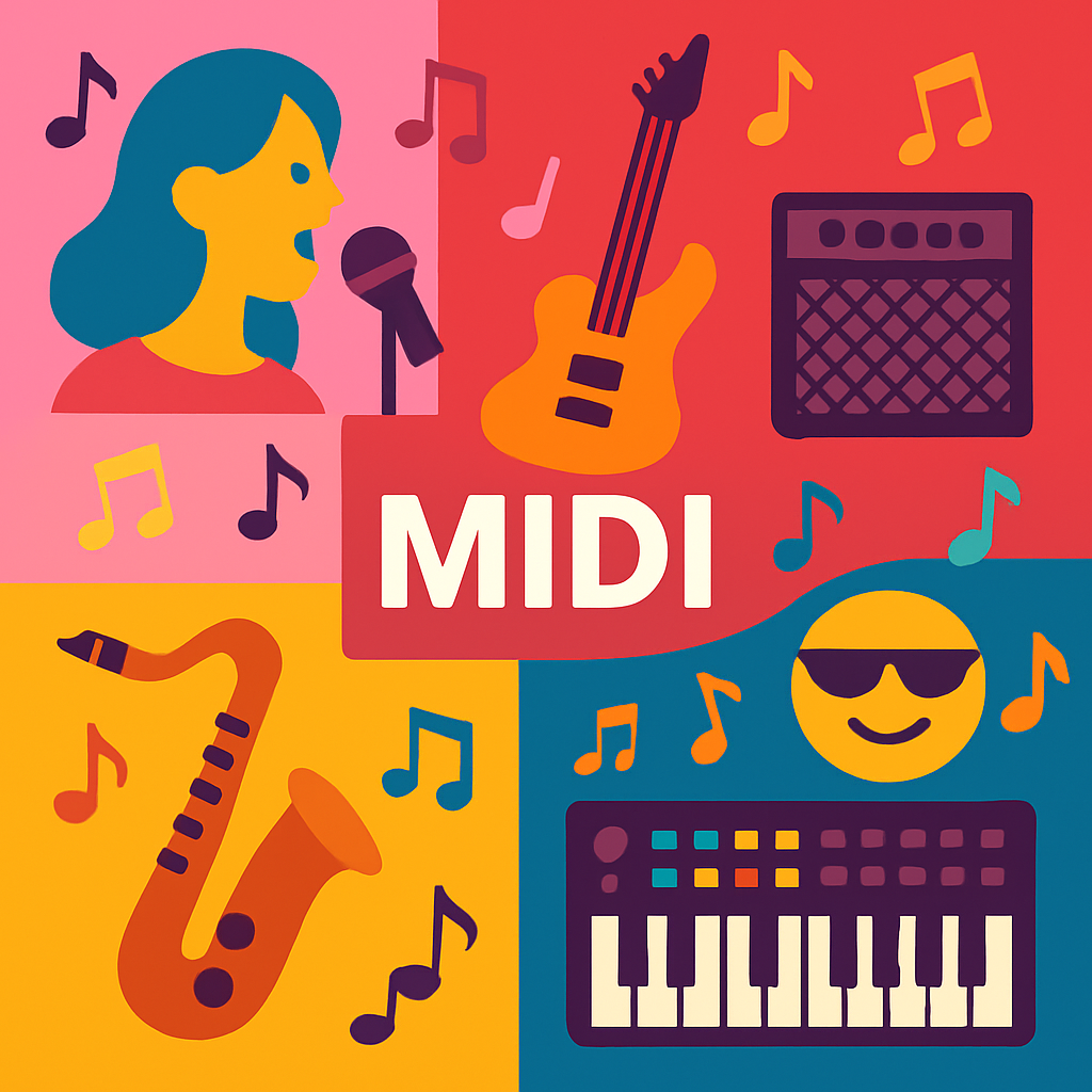 A colorful collage representing various genres of MIDI music including pop, rock, jazz, and electronic with musical notes floating around