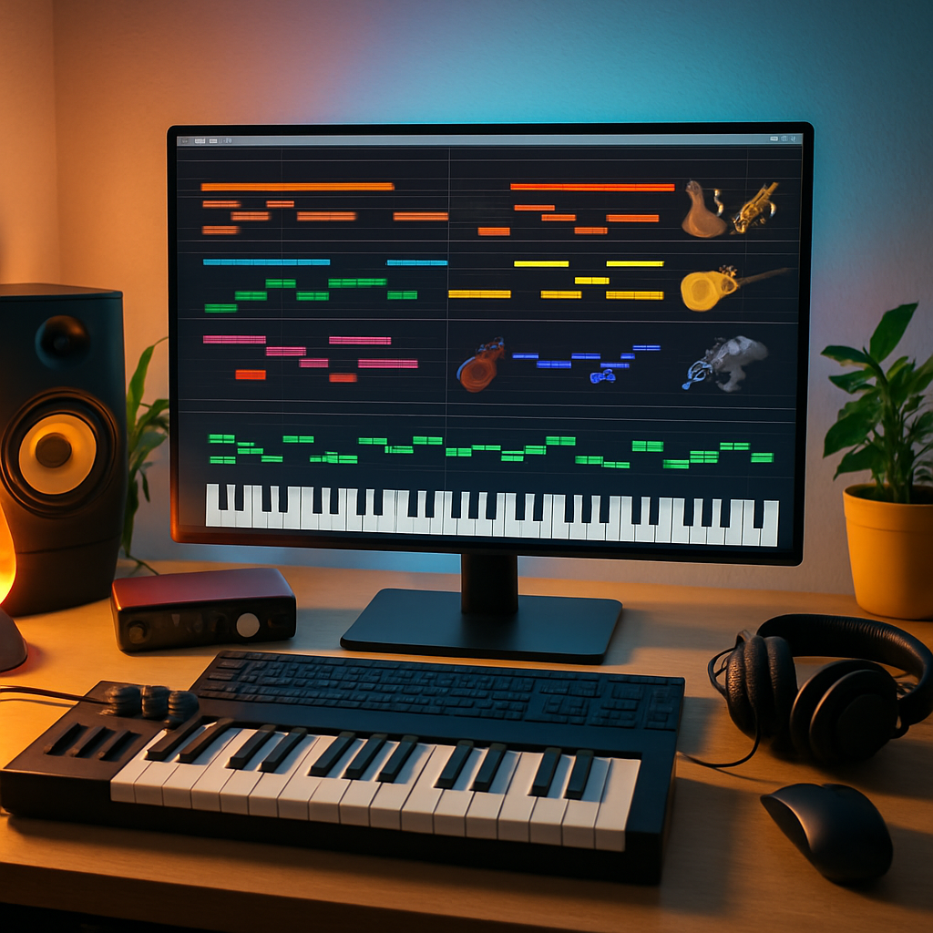 A vibrant digital workspace with high-quality MIDI music files on a computer screen, showcasing various instruments like piano, guitar, and orchestral elements
