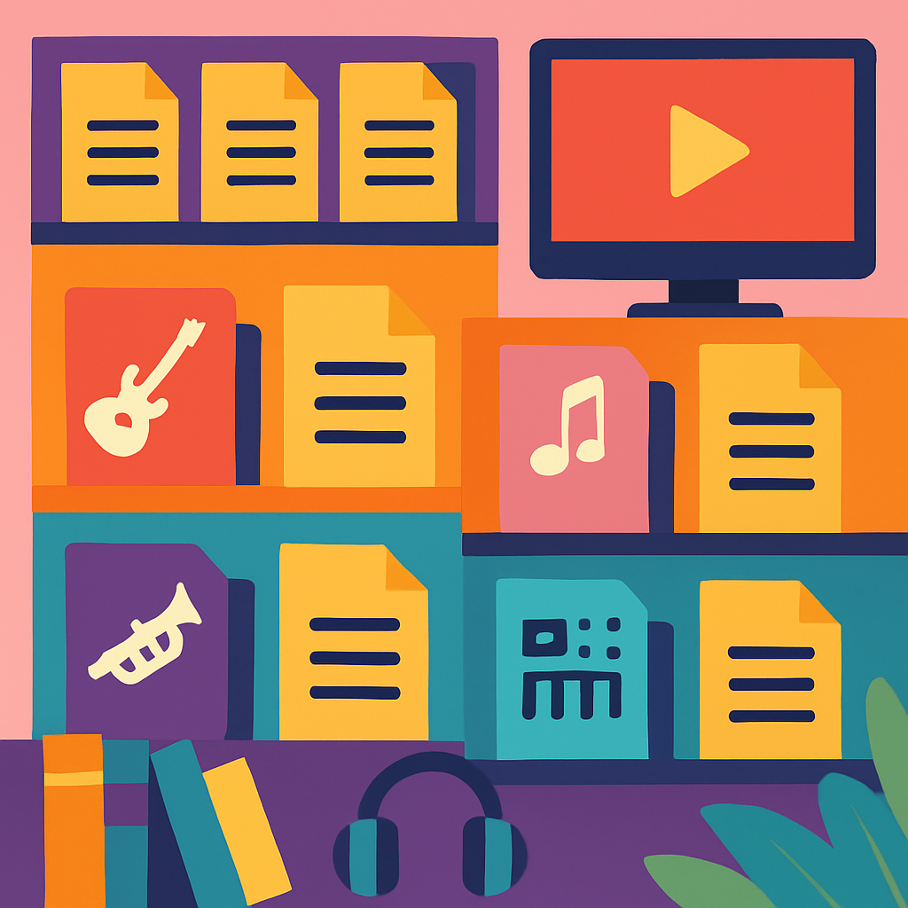 A colorful and organized digital library showcasing various categories of MIDI files such as rock, pop, jazz, and electronic music.