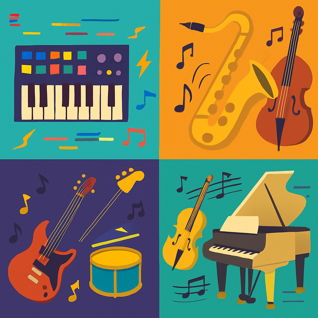 A vibrant collage showcasing various genres of MIDI music, including electronic, jazz, rock, and classical styles with visual representations of musical notes and instruments.