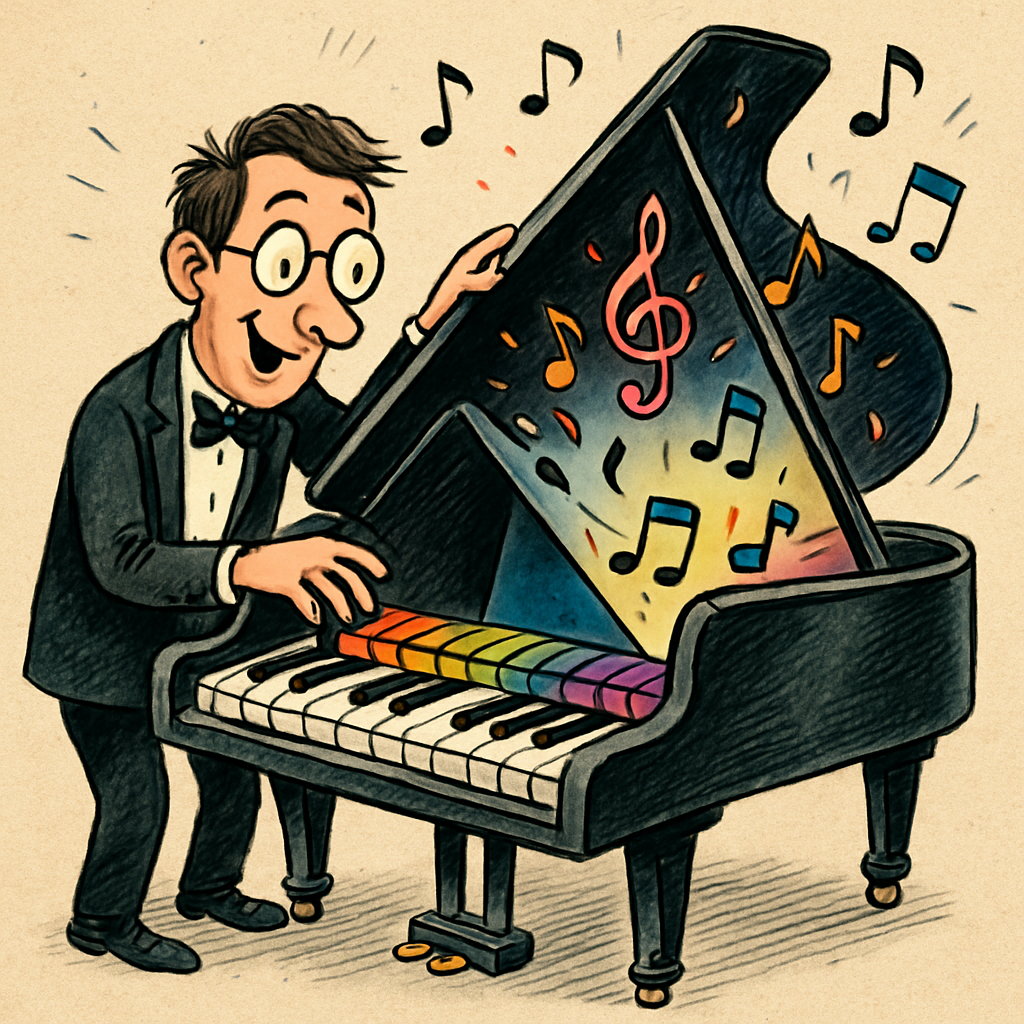 A whimsical illustration of a professional pianist revealing secrets from an open grand piano filled with musical notes and colorful keys.