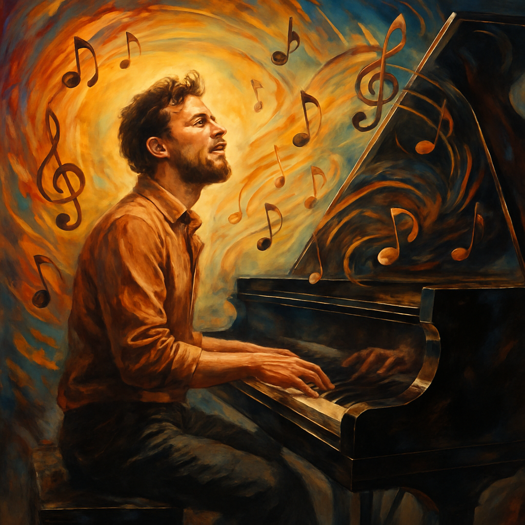 A vibrant illustration showing a pianist passionately playing at a grand piano surrounded by swirling musical notes representing emotions.