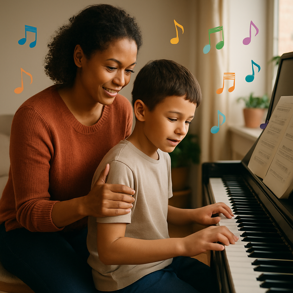 A heartwarming scene of a parent supporting their child during piano practice at home, surrounded by colorful musical notes.