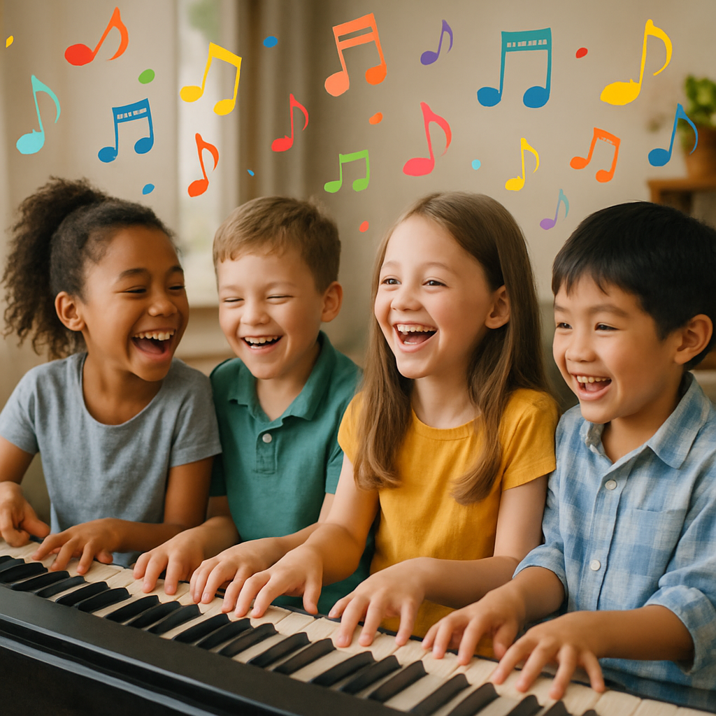A lively scene of children participating in a group piano lesson, laughing and playing together while surrounded by colorful musical notes.