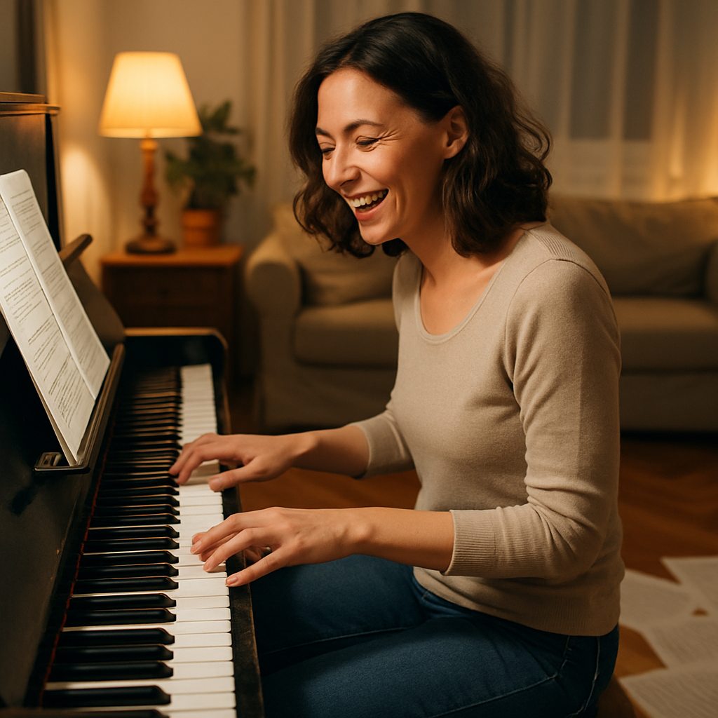 An adult woman happily playing piano at home with sheet music scattered around, warm lighting creating a cozy atmosphere