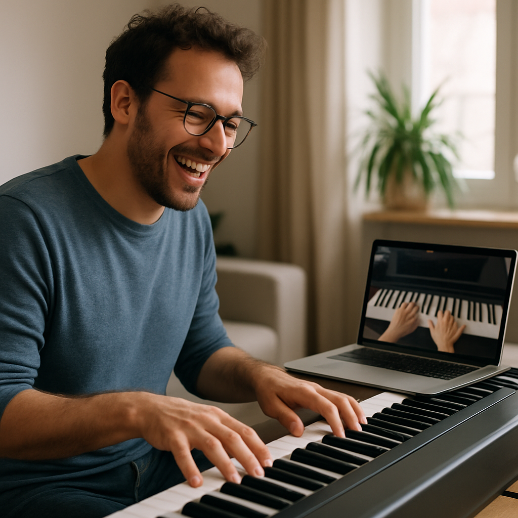 An adult learner happily playing piano at home with an online tutorial on their laptop