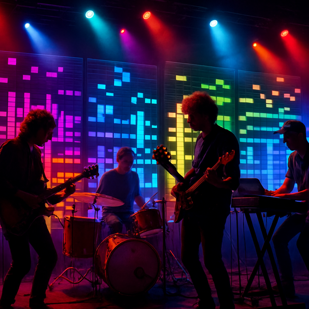 A vibrant stage scene with musicians performing alongside digital screens displaying colorful MIDI waveforms