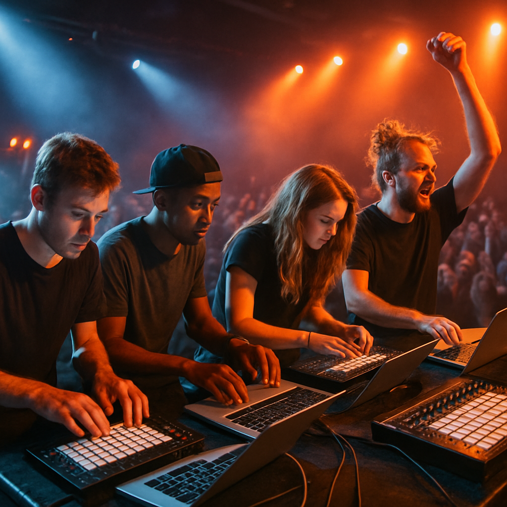A lively concert scene with musicians using laptops and MIDI controllers on stage