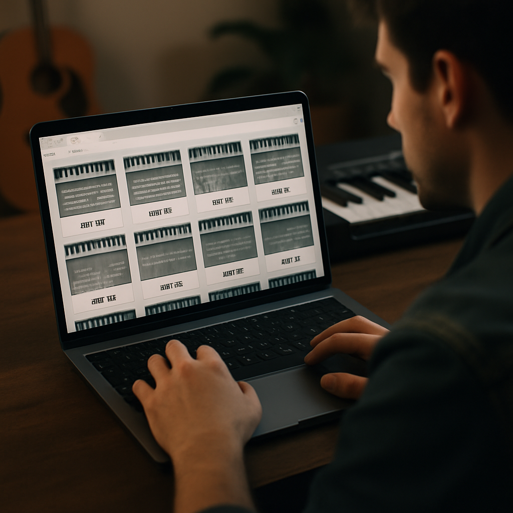 A musician browsing through an online library of MIDI files on a laptop
