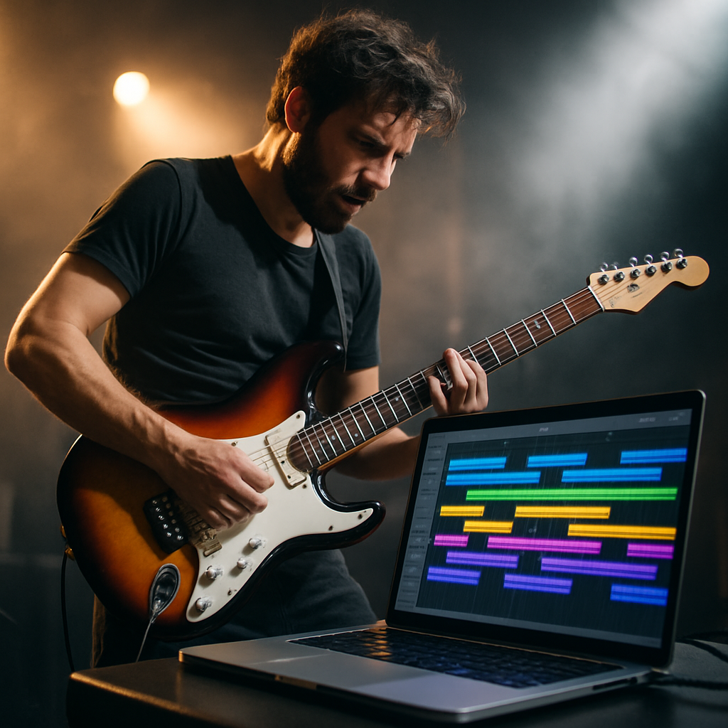 A musician playing guitar on stage while a laptop displays colorful MIDI waveforms
