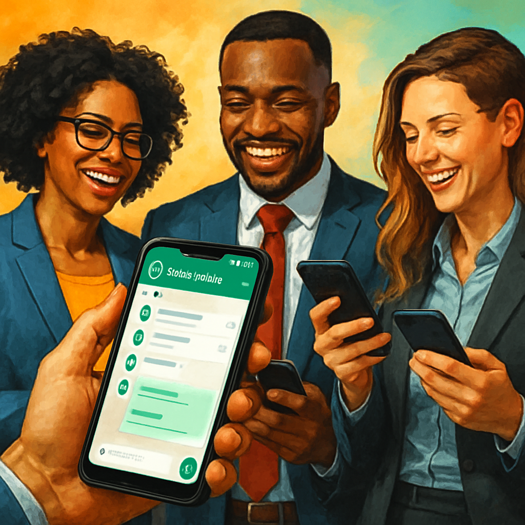 A vibrant digital illustration showing diverse business professionals using smartphones with WhatsApp interface displaying bulk messaging features