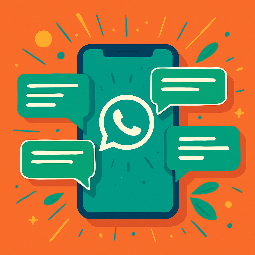 A vibrant illustration showing a smartphone displaying multiple chat bubbles from WhatsApp, symbolizing bulk messaging and customer engagement