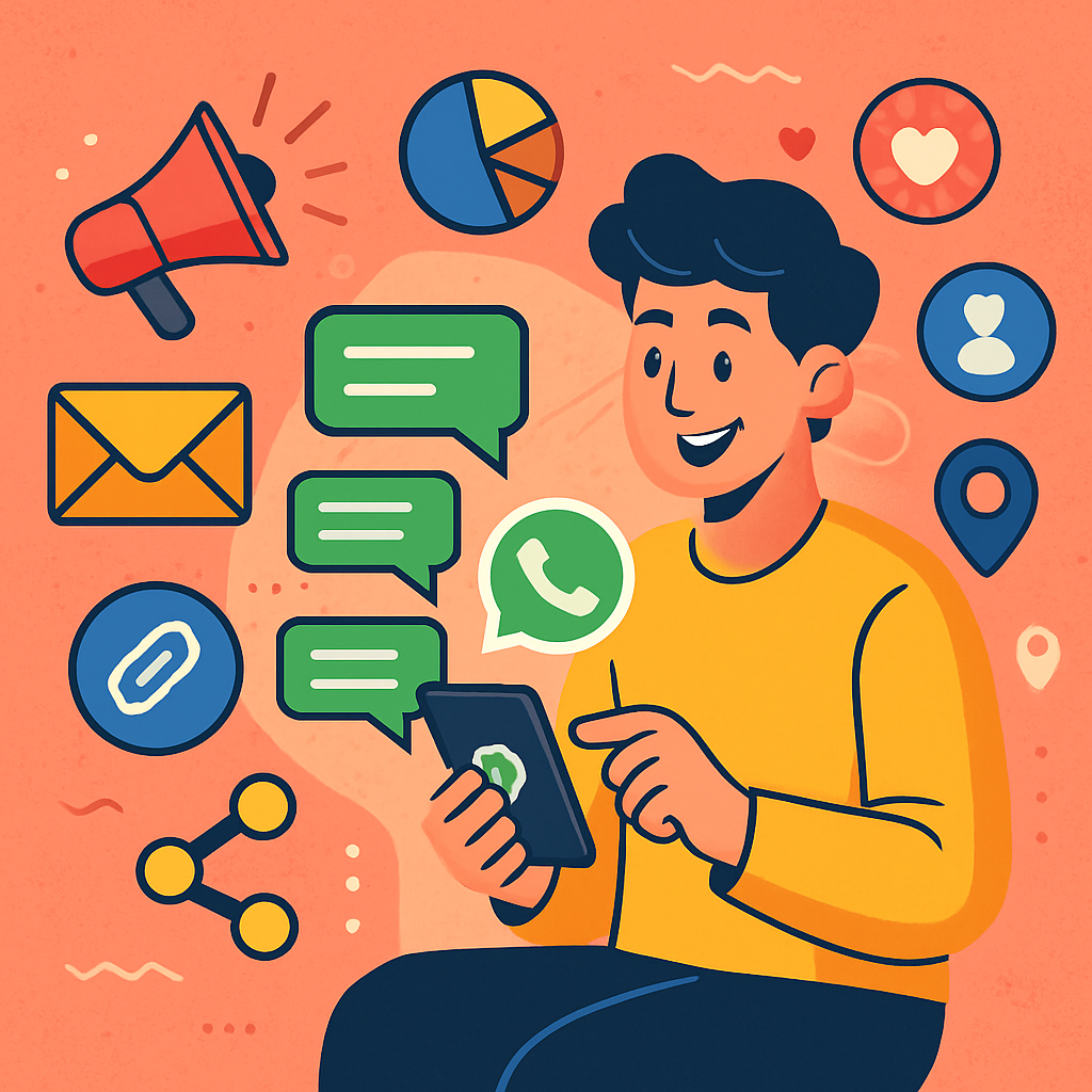 A vibrant illustration depicting a person using their phone to send bulk messages on WhatsApp, surrounded by icons representing communication and marketing