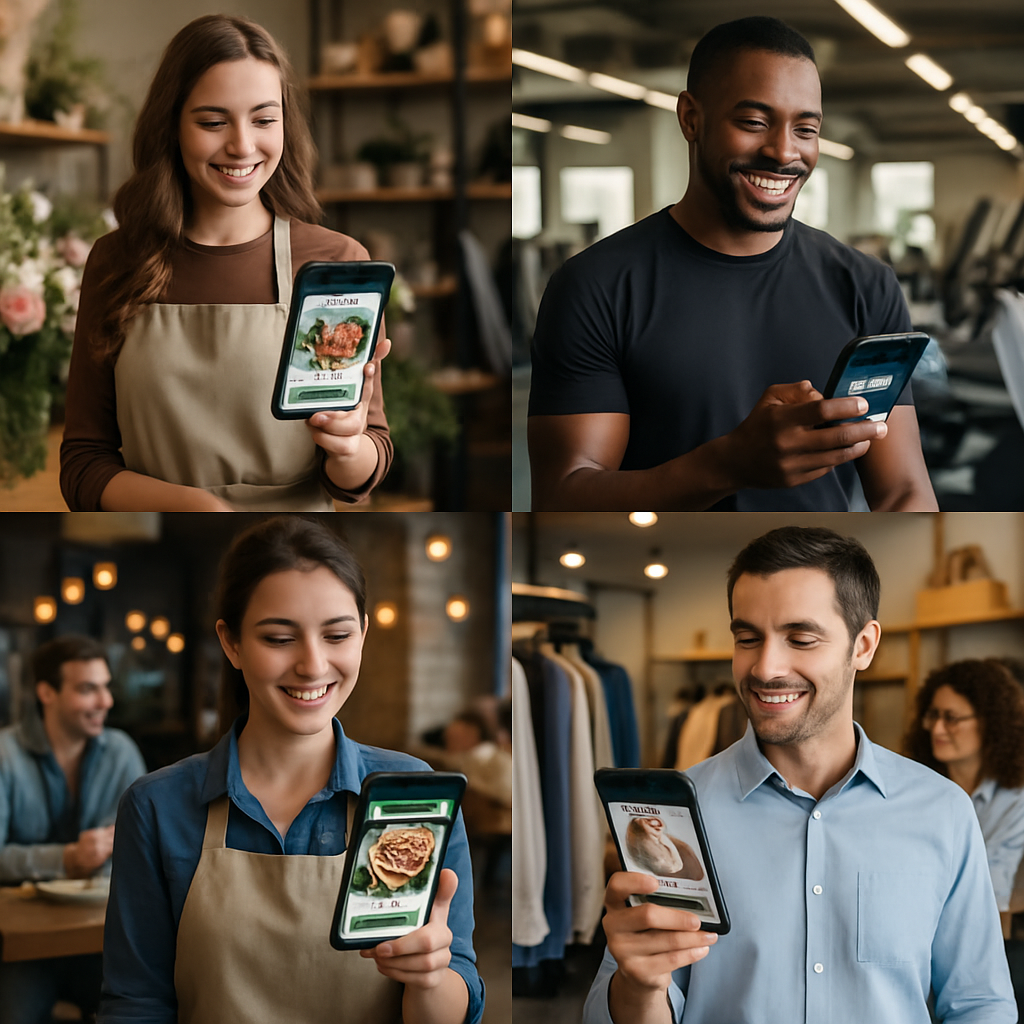 A collage showcasing various businesses successfully using WhatsApp bulk messaging for promotions and engagement