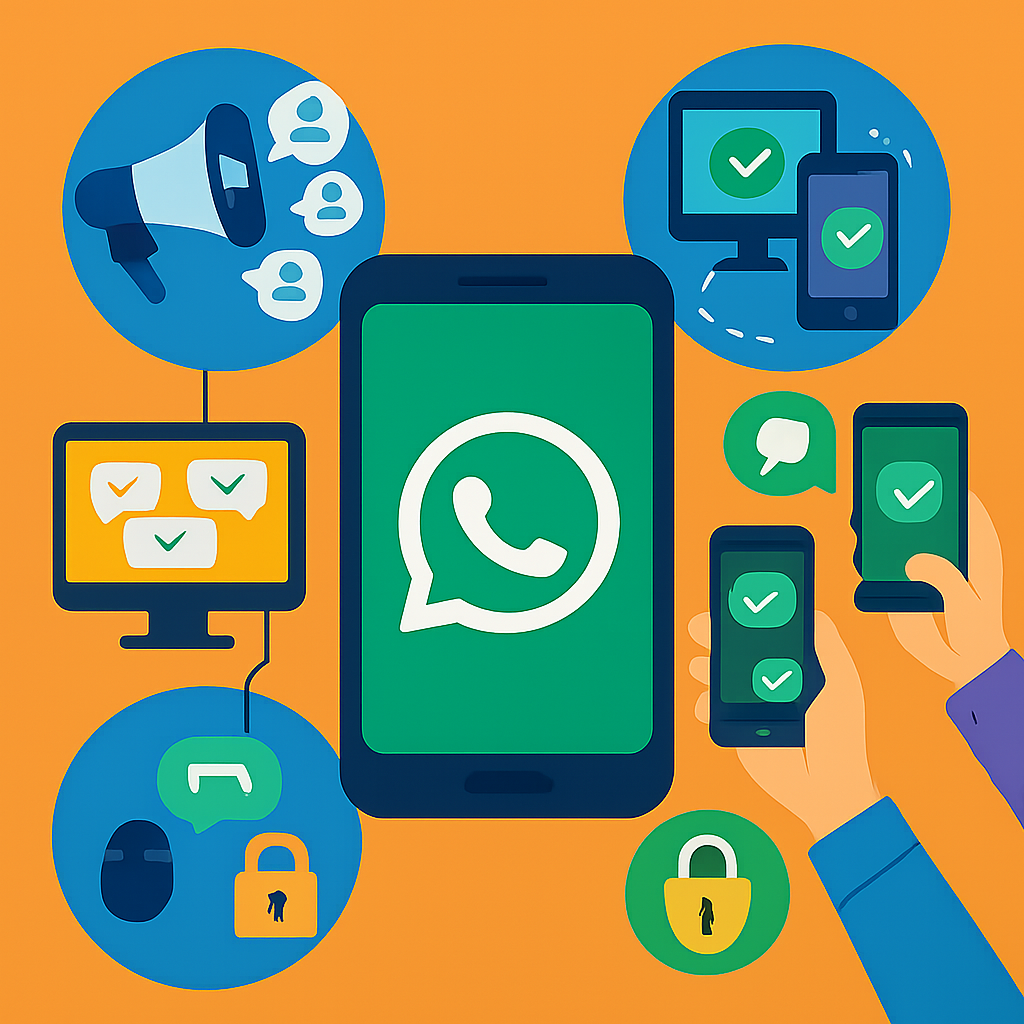 A vibrant infographic showcasing technology tools for enhancing WhatsApp messaging strategies, including bulk message software features, multi-device communication benefits, and secure messaging advantages