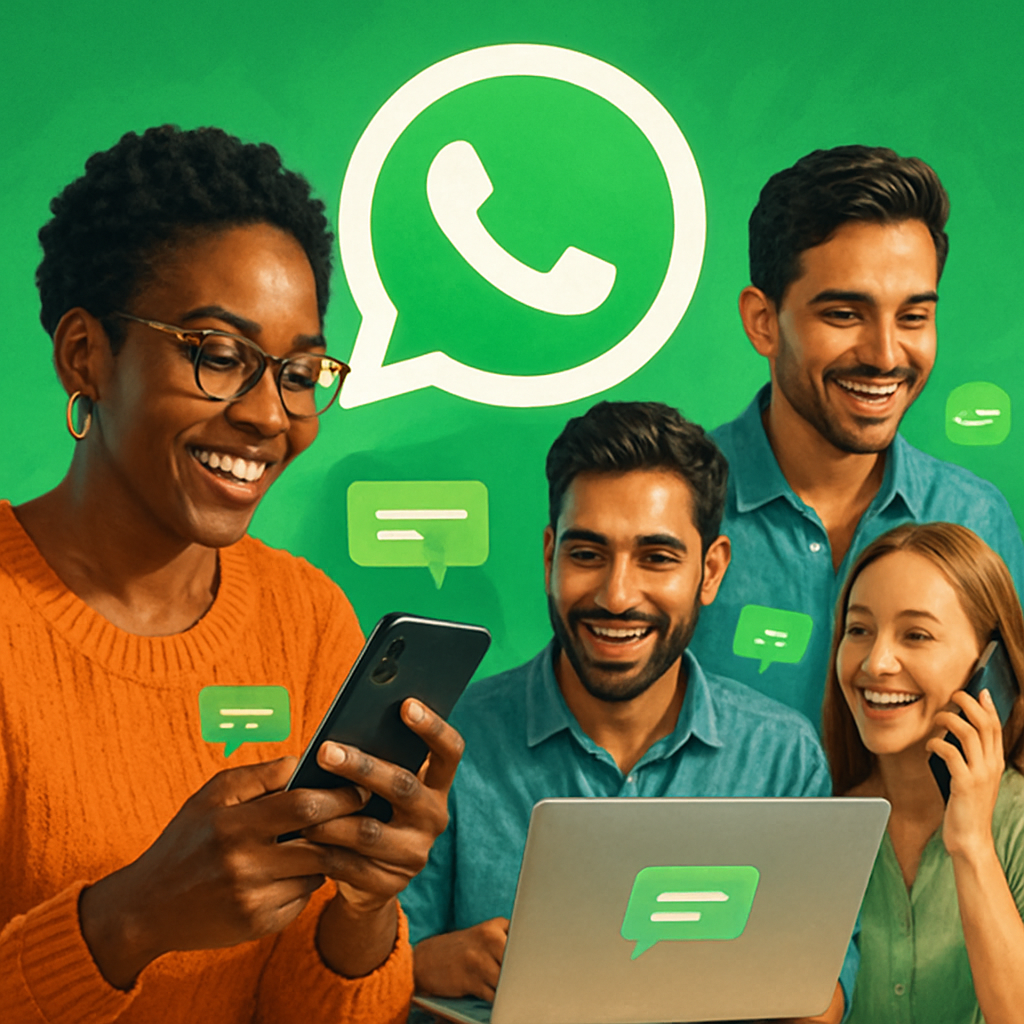 A vibrant illustration showing diverse people engaging with WhatsApp on various devices, highlighting customer interactions and messaging features