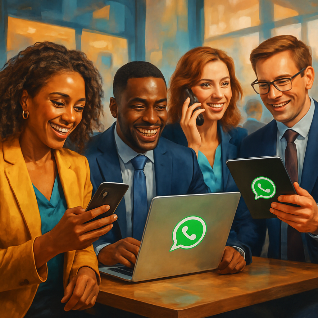 A vibrant illustration showing diverse business professionals engaging with customers through WhatsApp on various devices.