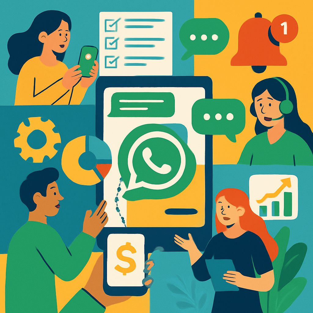 A vibrant illustration depicting various WhatsApp Business API providers with features highlighted