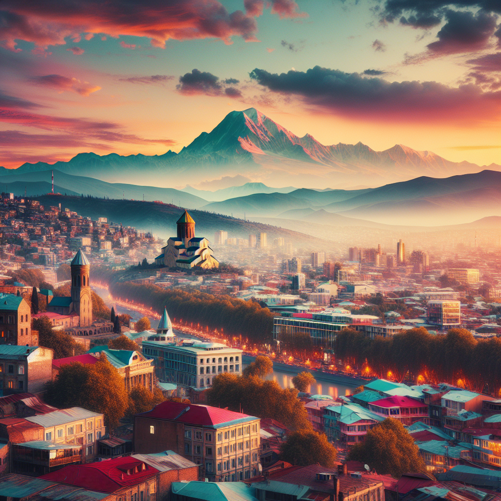Top 10 Reasons to Choose Georgia Package Tours 2 A picturesque view of Tbilisi city skyline at sunset with colorful buildings and mountains in the background