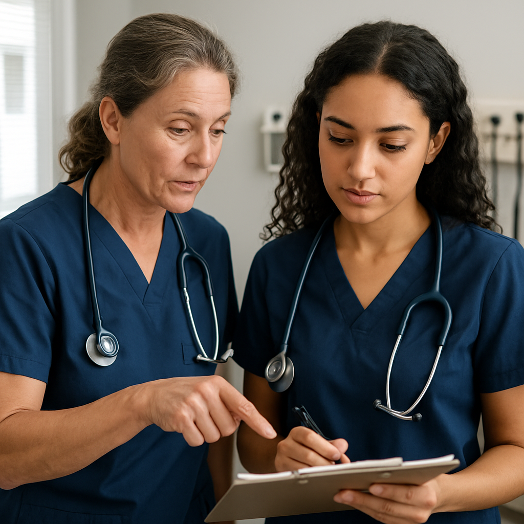 A nurse practitioner preceptor guiding an NP student in a clinical setting, showcasing mentorship dynamics