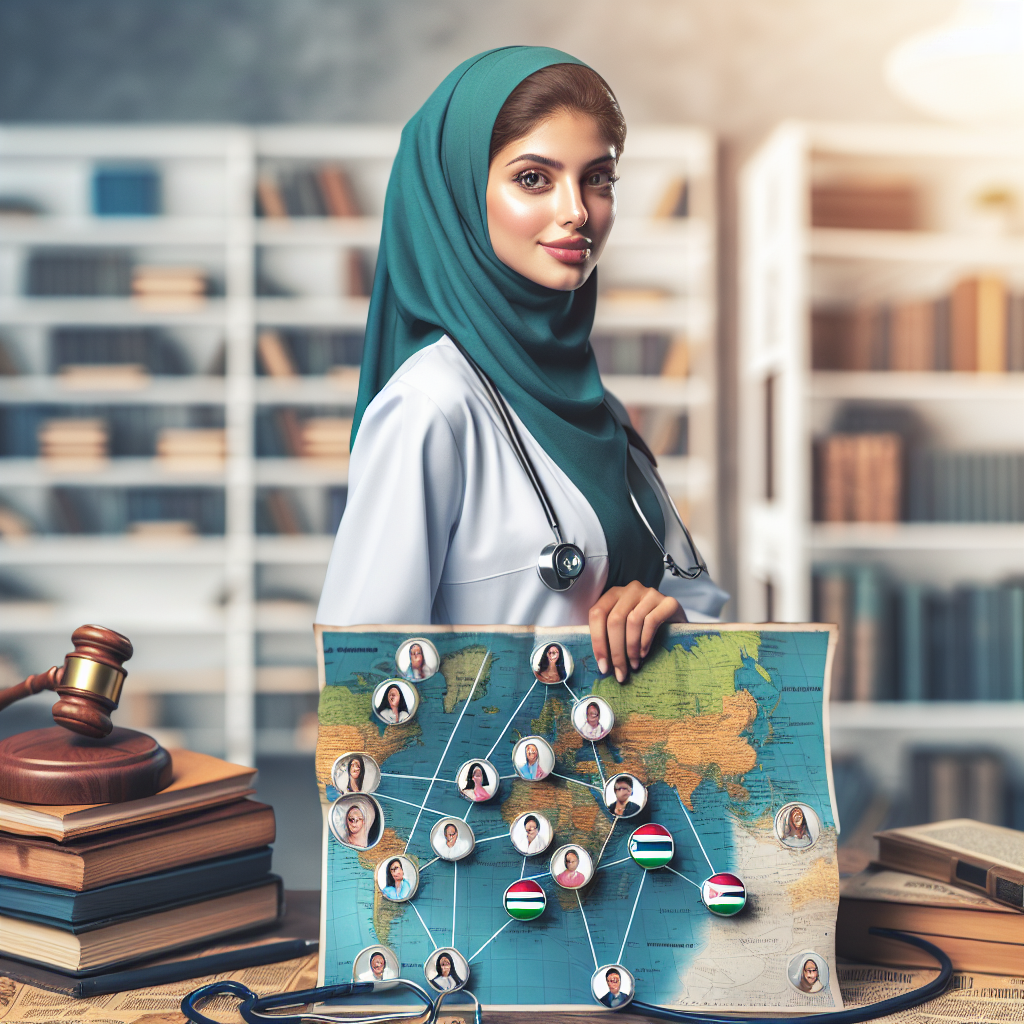 A nurse practitioner student looking confidently at a map filled with potential preceptor locations, surrounded by symbols of mentorship like books and stethoscopes
