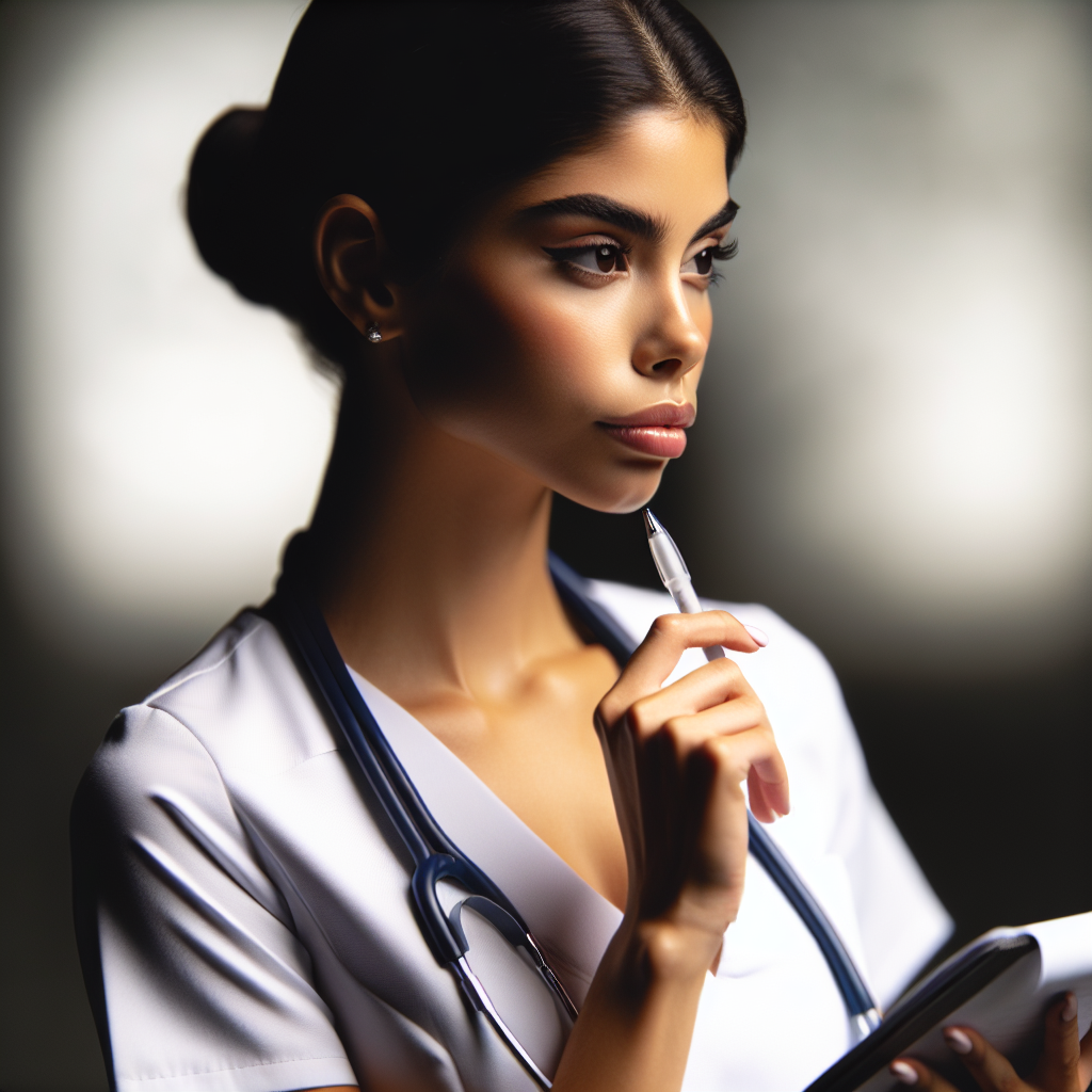 A nurse practitioner student reflecting on their career goals with a notepad and pen in hand