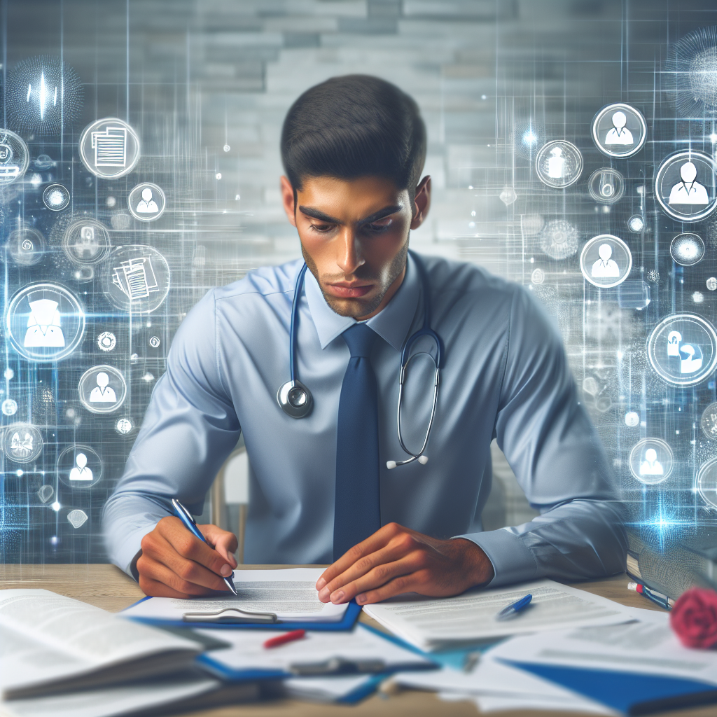 A nurse practitioner student preparing for an interview with potential preceptors, surrounded by notes and study materials