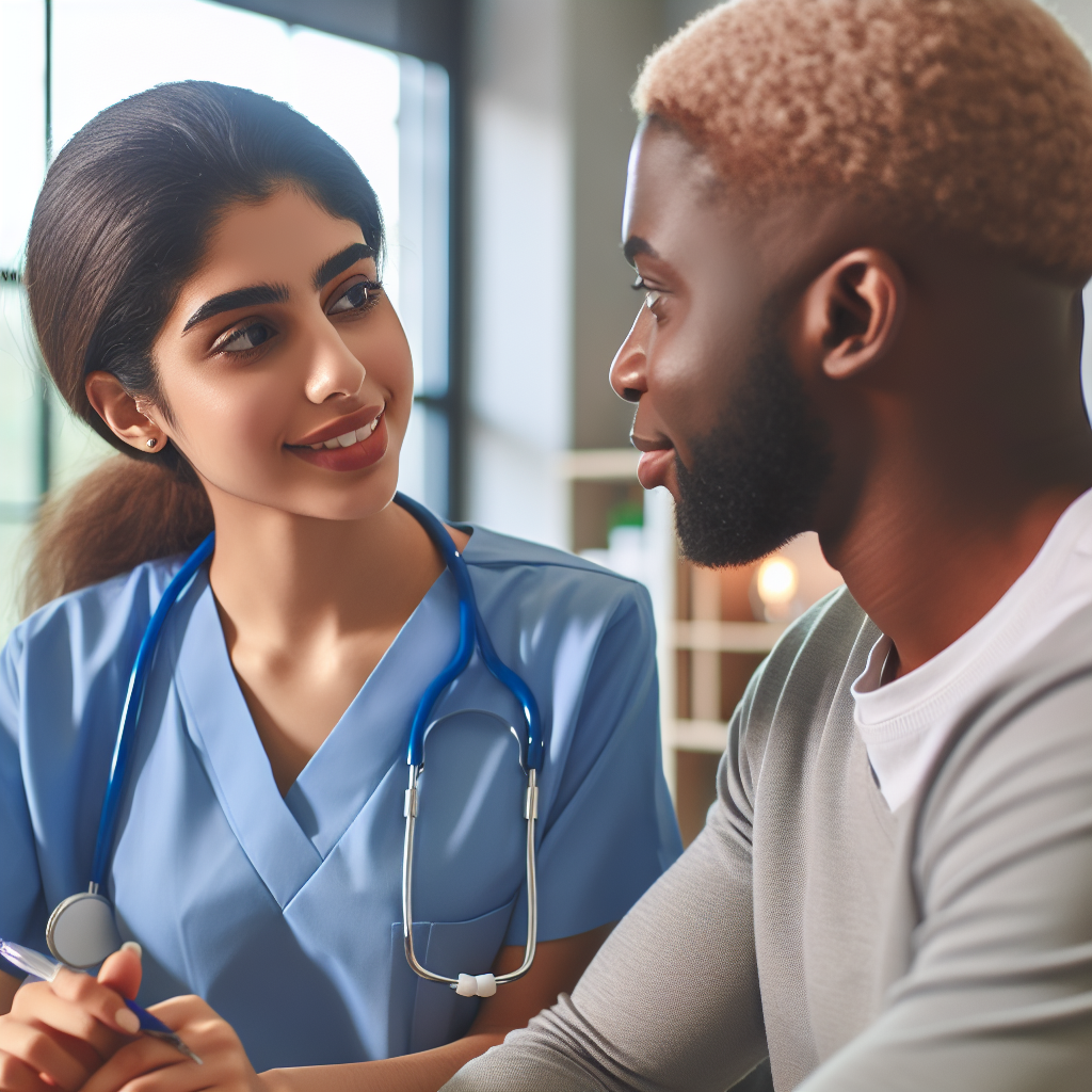 A nurse practitioner student discussing clinical rotation options with an experienced mentor in a bright clinic setting