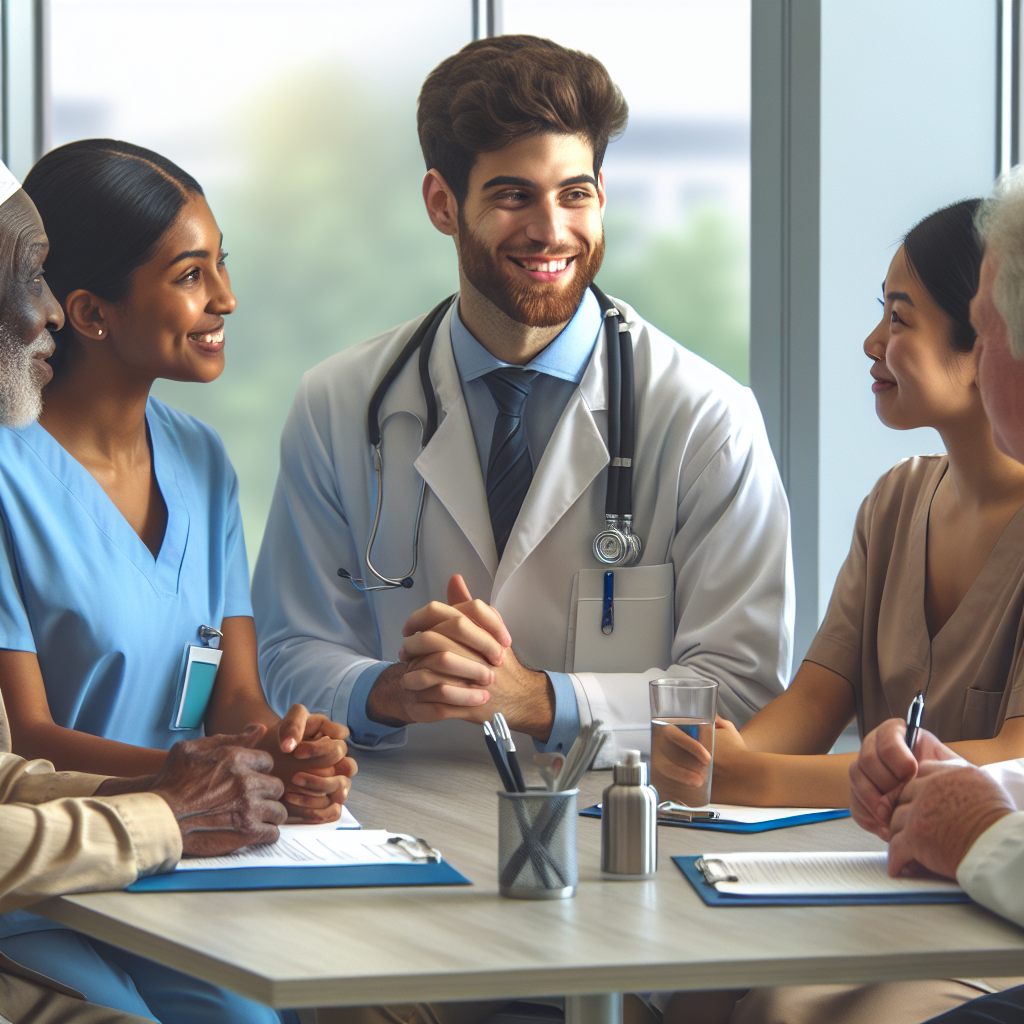 A nurse practitioner student dressed professionally in a clinic setting, interacting with patients and preceptors