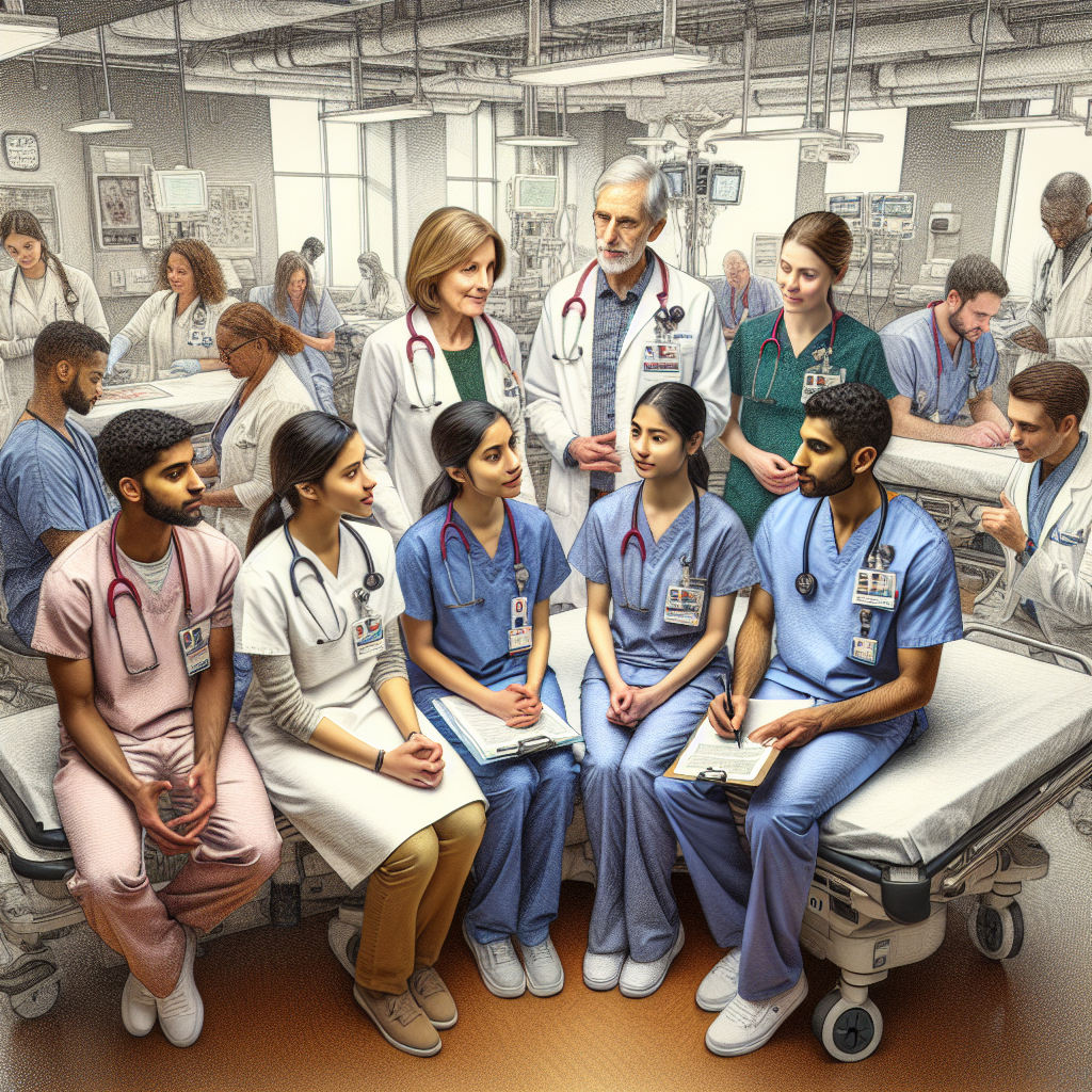 A diverse group of healthcare students engaging with their clinical mentors in a hospital setting, showcasing collaboration and learning