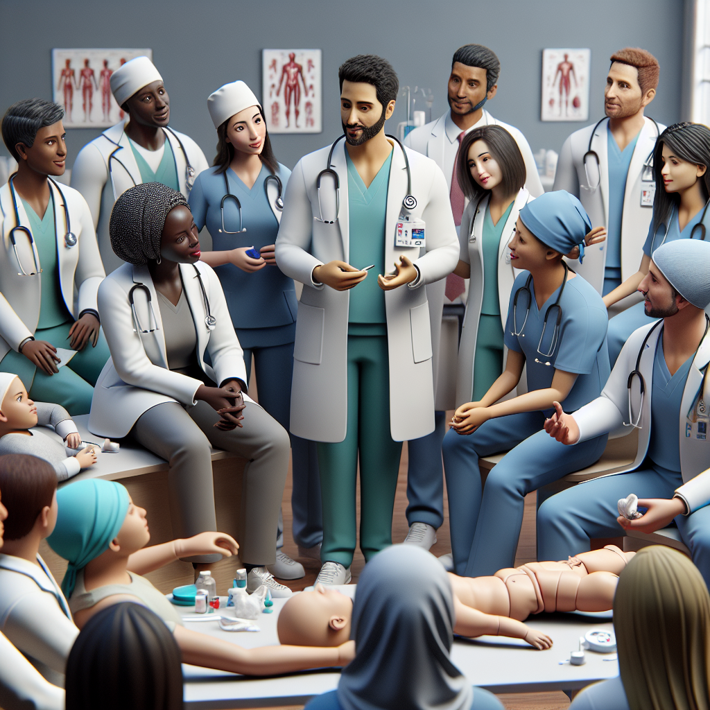 A diverse group of healthcare professionals mentoring students in a clinical setting