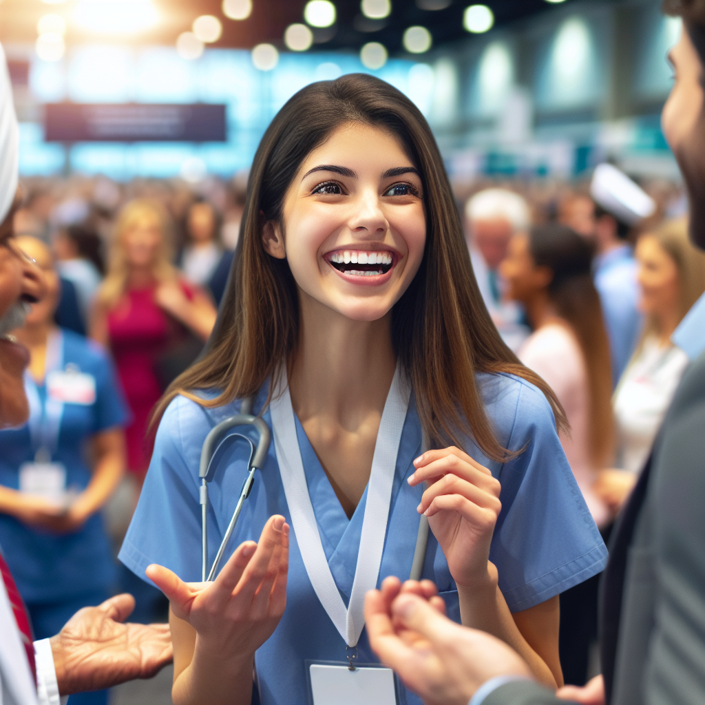 A nurse student enthusiastically networking at a healthcare conference, engaging with professionals