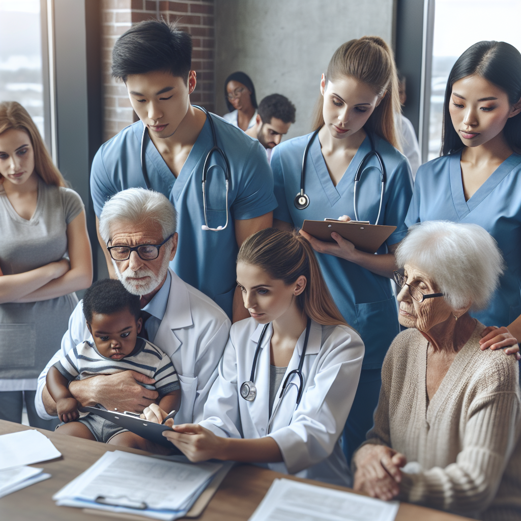 A nurse practitioner student engaging with patients in a clinical setting, showcasing various specialties like pediatrics and family health.