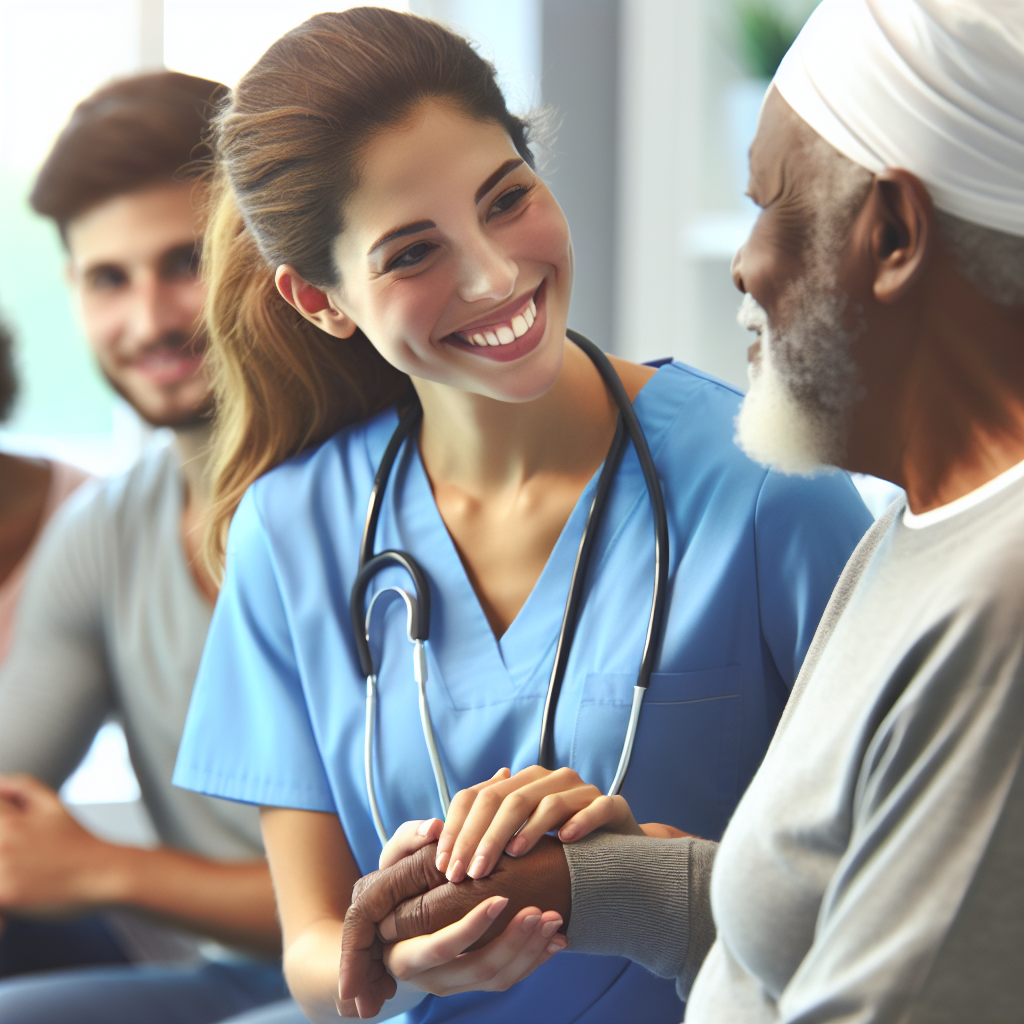 A nurse practitioner engaging with a diverse group of patients in a clinic setting
