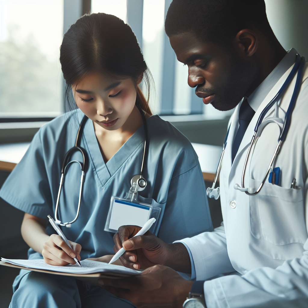A nurse practitioner student learning from an experienced clinical preceptor in a hospital setting