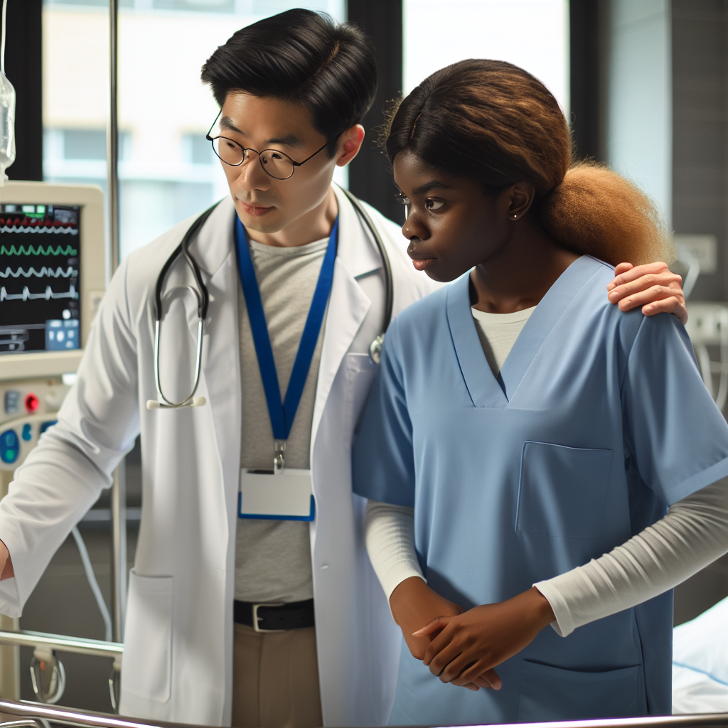 A clinical preceptor guiding a nurse practitioner student in a hospital setting, showcasing mentorship and hands-on training