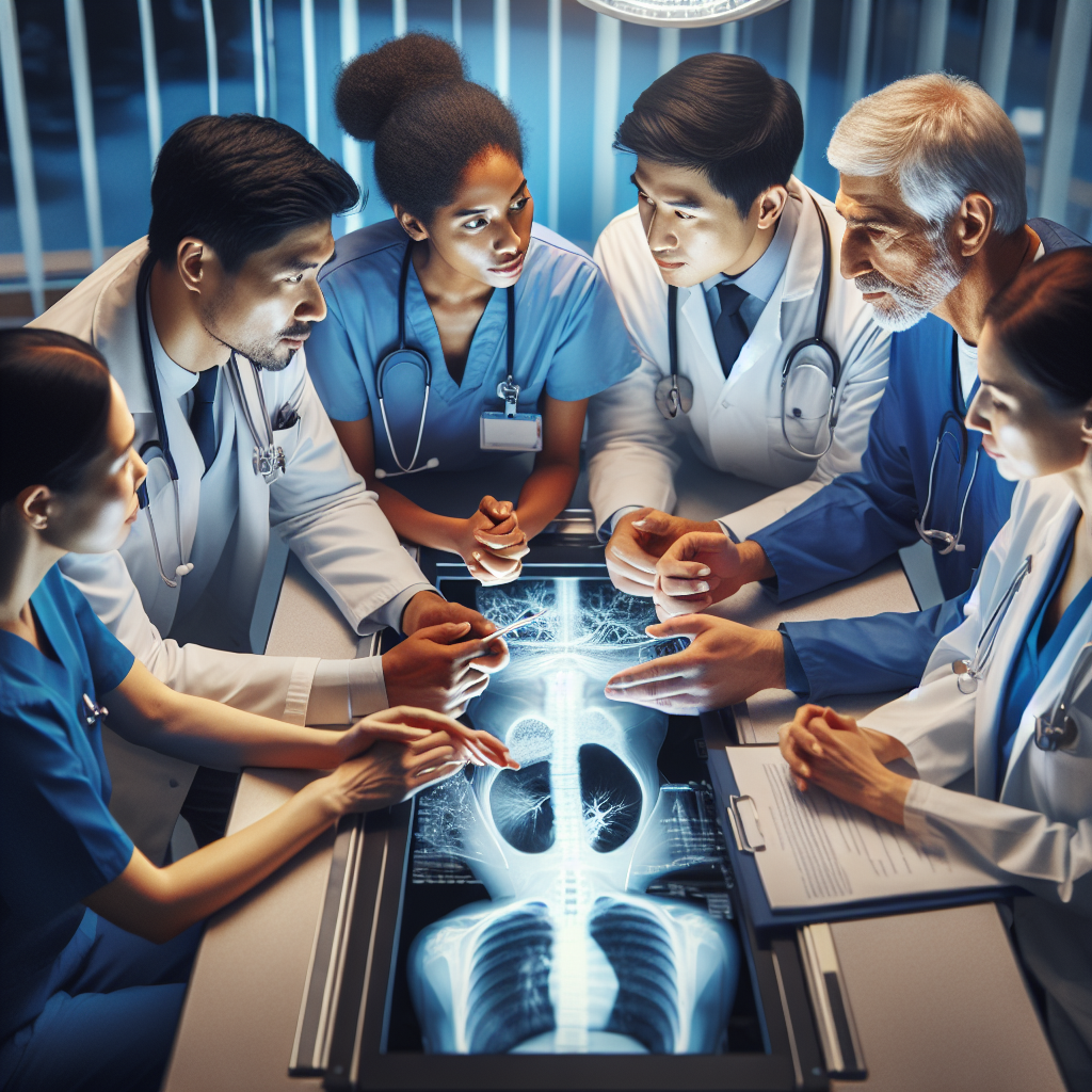 A diverse group of healthcare professionals discussing patient care in a clinic setting, showcasing mentorship and collaboration