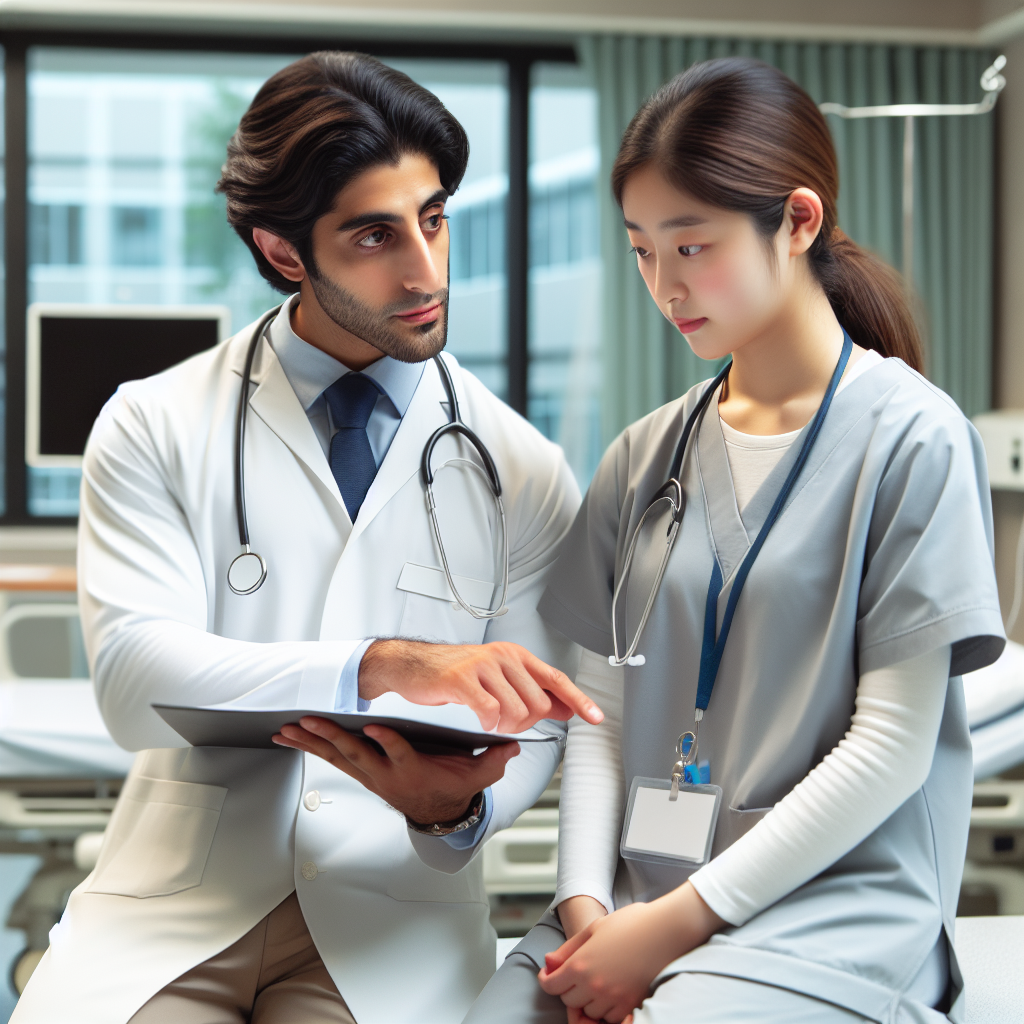 A clinical preceptor guiding a nursing student in a hospital setting