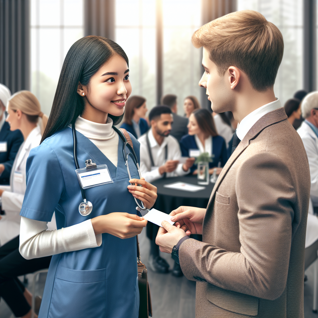 A nurse practitioner student networking at a healthcare mentorship event, engaging with professionals and exchanging contact information