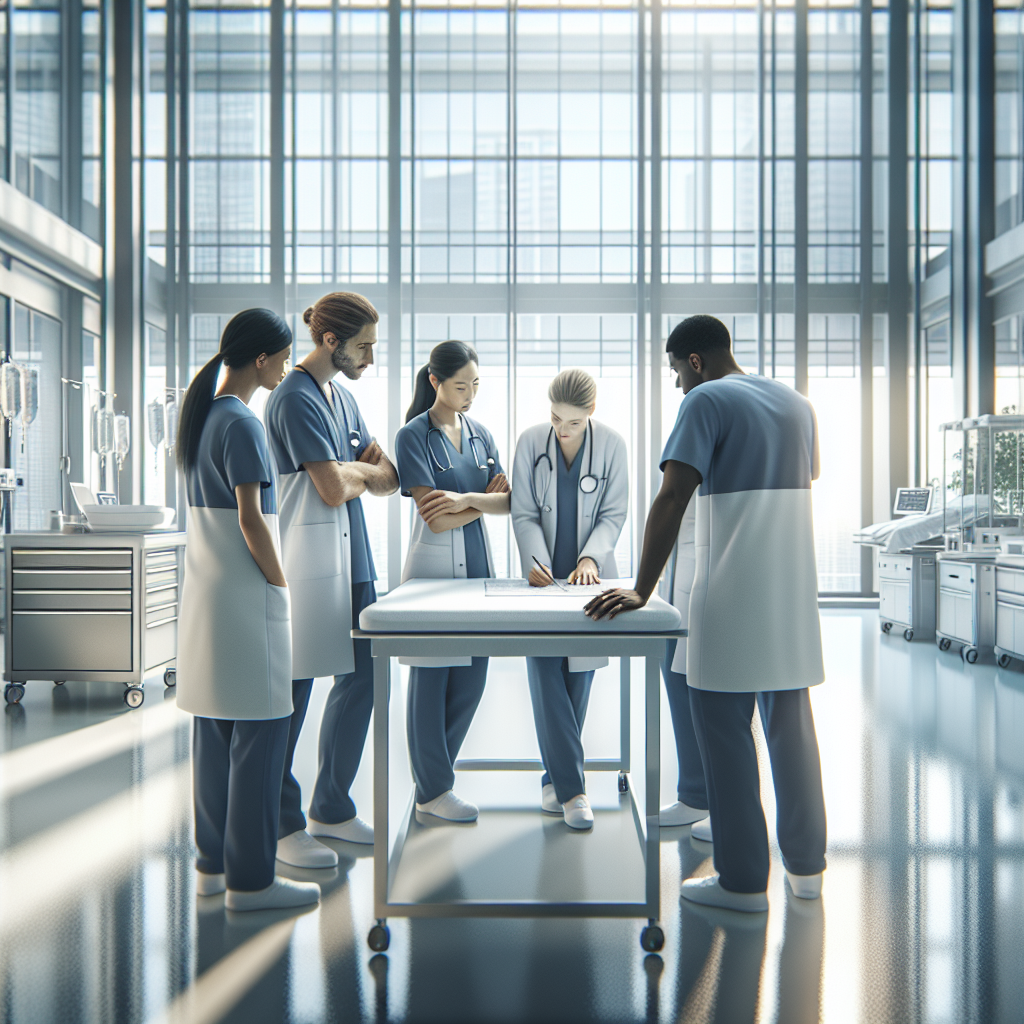 A group of diverse nurse practitioners discussing in a bright clinical setting