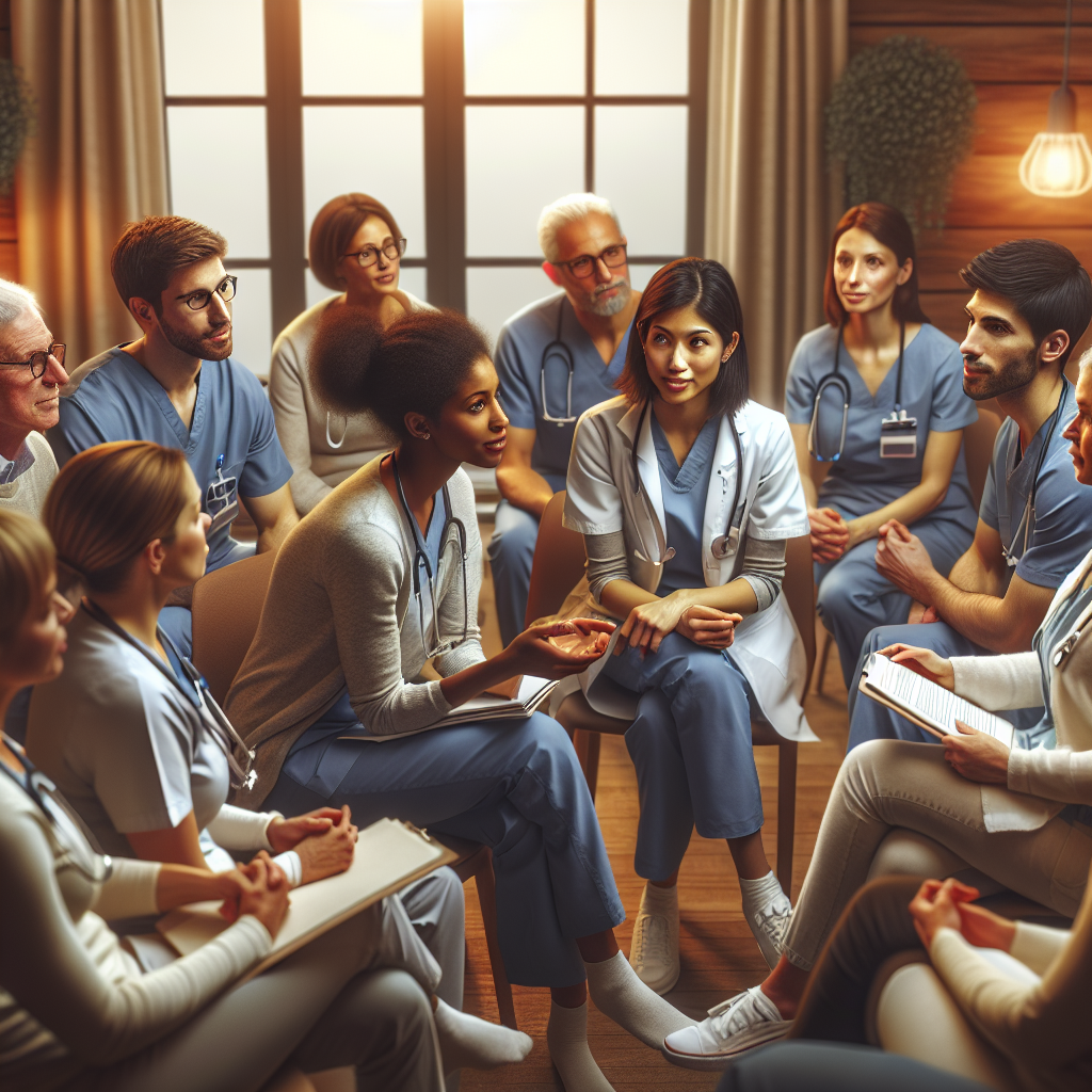 A diverse group of nurse practitioners engaging in a mentorship session, discussing patient care strategies in a cozy clinic setting