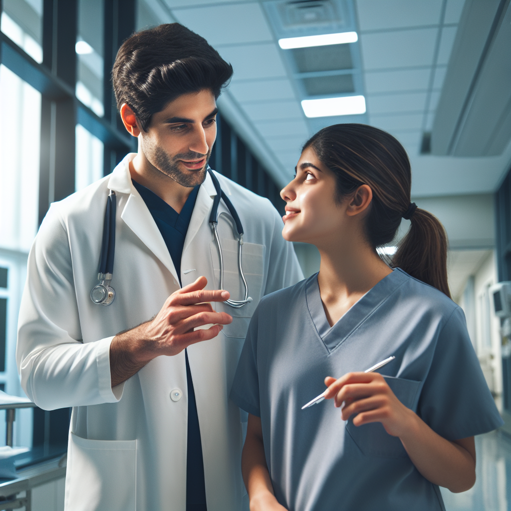 A nurse practitioner student interacting with their mentor in a clinical setting, showcasing teamwork and learning